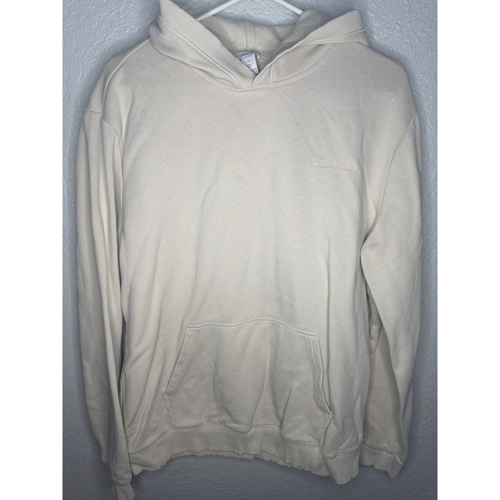 Embroidered Calvin Klein Pullover Hoodie Mens Large Beige Good